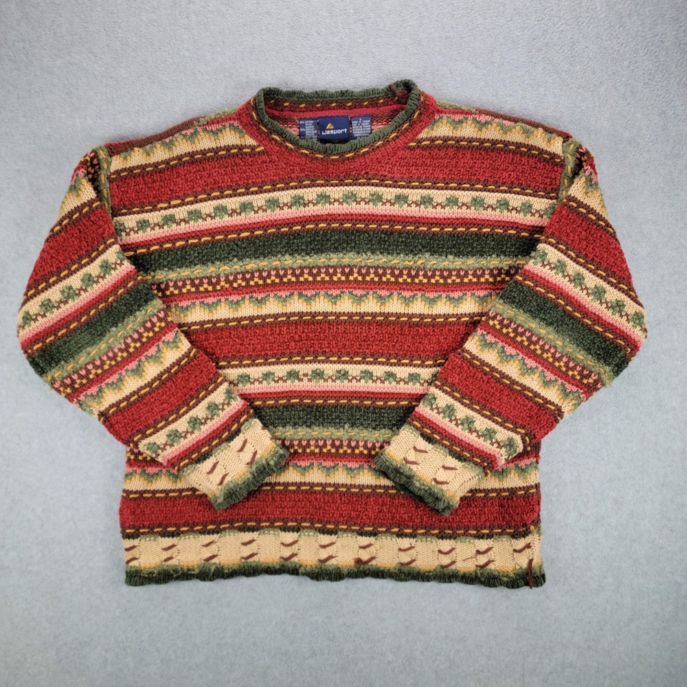 Lizsport Vintage Striped Sweater Womens Large Red Green Chunky Knit Crewneck 90s